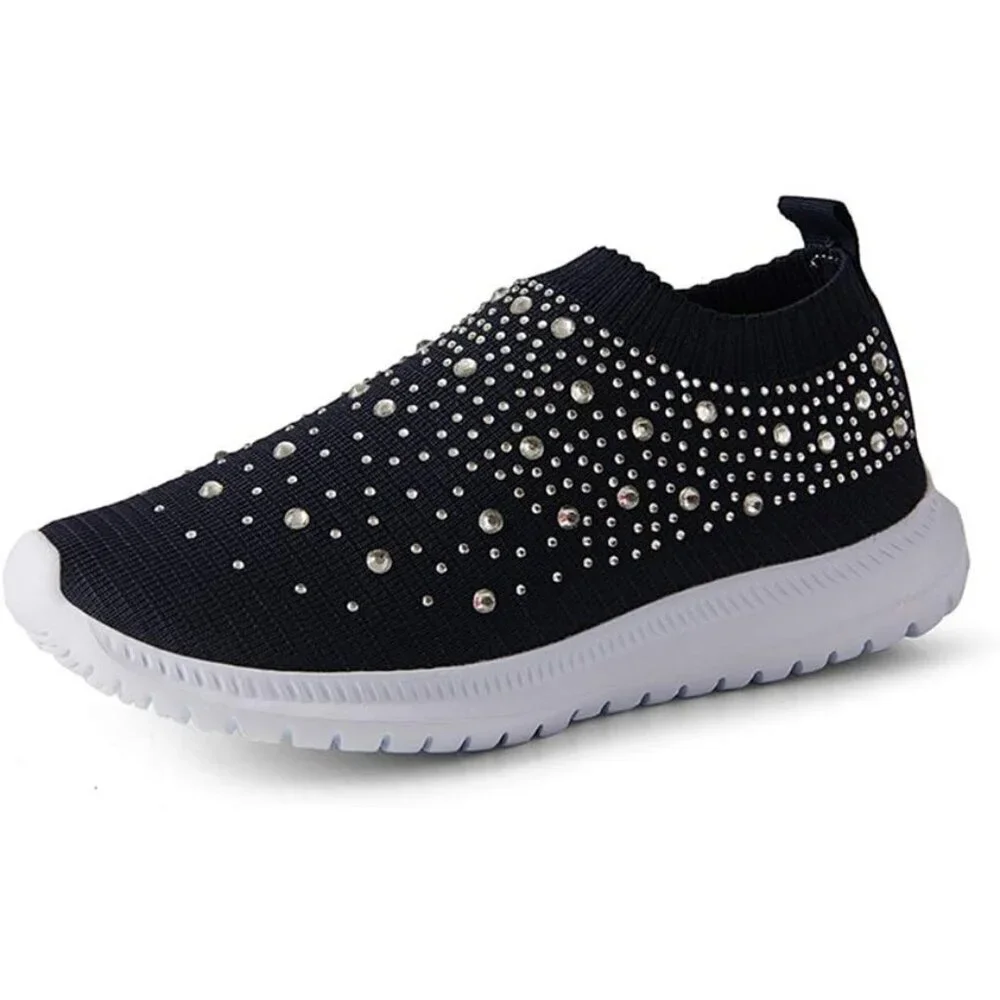 Women's Walking Shoes Rhinestone Glitter Slip On Ballroom Sneakers Dark Blue